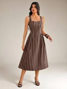 SHEIN Tall A Striped Casual Midi Dress For Tall Women, Perfect For Commuting. - Brown - View 8
