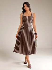 SHEIN Tall A Striped Casual Midi Dress For Tall Women, Perfect For Commuting. - Brown - View 4