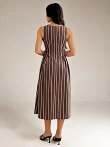 SHEIN Tall A Striped Casual Midi Dress For Tall Women, Perfect For Commuting. - Brown - View 2
