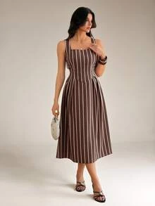 SHEIN Tall A Striped Casual Midi Dress For Tall Women, Perfect For Commuting. - Brown - View 7