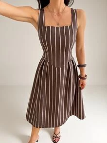 SHEIN Tall A Striped Casual Midi Dress For Tall Women, Perfect For Commuting. - Brown - View 6