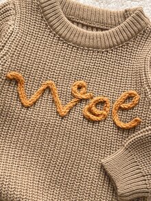 SHEIN 嬰兒/幼兒(男孩)卡其色刺繡線條圖案套頭長袖毛衣，適合秋冬穿著，可作為內搭搭配棉襖或單穿 - 卡其色 - 查看 7