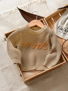 SHEIN 嬰兒/幼兒(男孩)卡其色刺繡線條圖案套頭長袖毛衣，適合秋冬穿著，可作為內搭搭配棉襖或單穿 - 卡其色 - 查看 4
