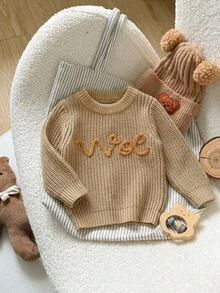 SHEIN 嬰兒/幼兒(男孩)卡其色刺繡線條圖案套頭長袖毛衣，適合秋冬穿著，可作為內搭搭配棉襖或單穿 - 卡其色 - 查看 2