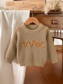 SHEIN 嬰兒/幼兒(男孩)卡其色刺繡線條圖案套頭長袖毛衣，適合秋冬穿著，可作為內搭搭配棉襖或單穿 - 卡其色 - 查看 6