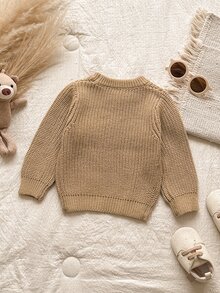 SHEIN 嬰兒/幼兒(男孩)卡其色刺繡線條圖案套頭長袖毛衣，適合秋冬穿著，可作為內搭搭配棉襖或單穿 - 卡其色 - 查看 3
