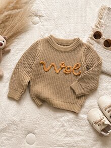 SHEIN 嬰兒/幼兒(男孩)卡其色刺繡線條圖案套頭長袖毛衣，適合秋冬穿著，可作為內搭搭配棉襖或單穿 - 卡其色 - 查看 5