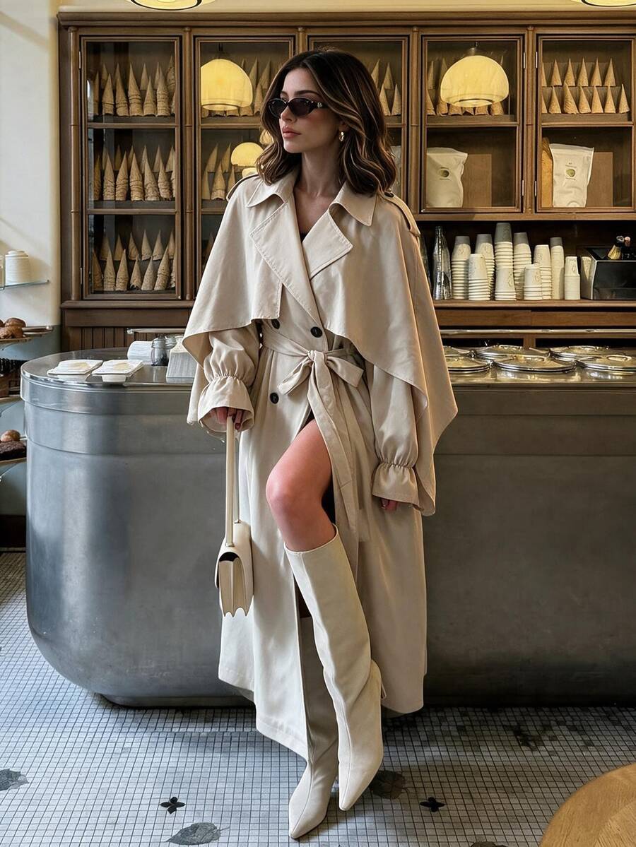 SHEIN Frenchy 女款純色腰帶時尚百搭風衣外套 - 杏色 - 查看 1
