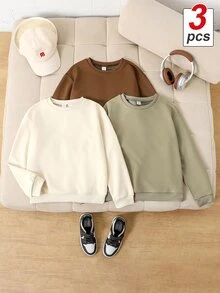 Mirajuku 3pcs/Set Boys' Casual Solid Color Basic Crew Neck Pullover Sweatshirts, Suitable For Autumn Daily Commute, Sports, Can Be Worn With Jacket In Winter - Multicolor - View 1