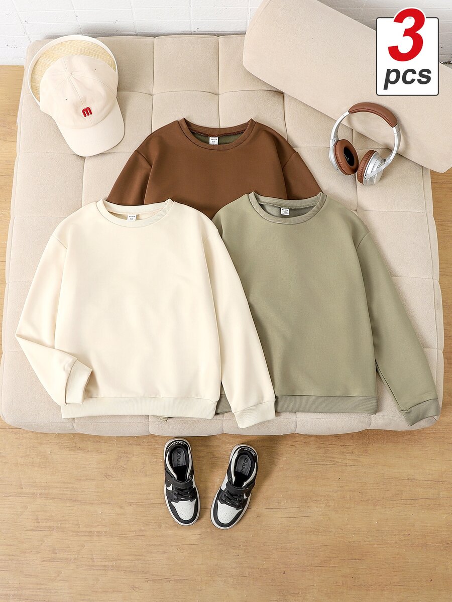 Mirajuku 3pcs/Set Boys' Casual Solid Color Basic Crew Neck Pullover Sweatshirts, Suitable For Autumn Daily Commute, Sports, Can Be Worn With Jacket In Winter - Multicolor - View 1