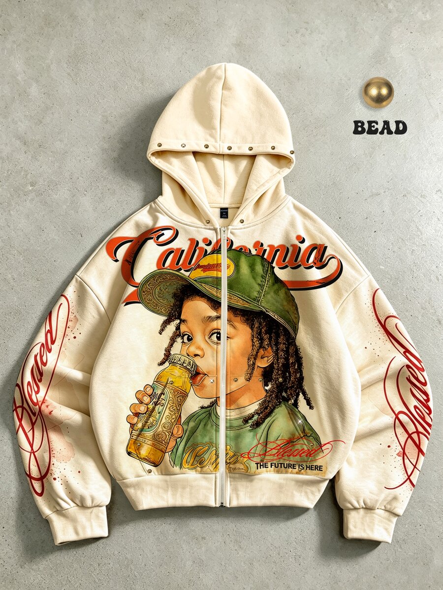 ROMWE MEN 2026 New Men's Character Print Vintage Casual Hoodie - Apricot - View 1