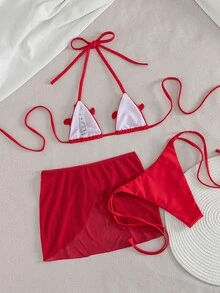 Swim SXY 女士夏季纯色海星装饰超迷你比基尼泳衣及半身裙三件套 - 紅色 - 查看 4