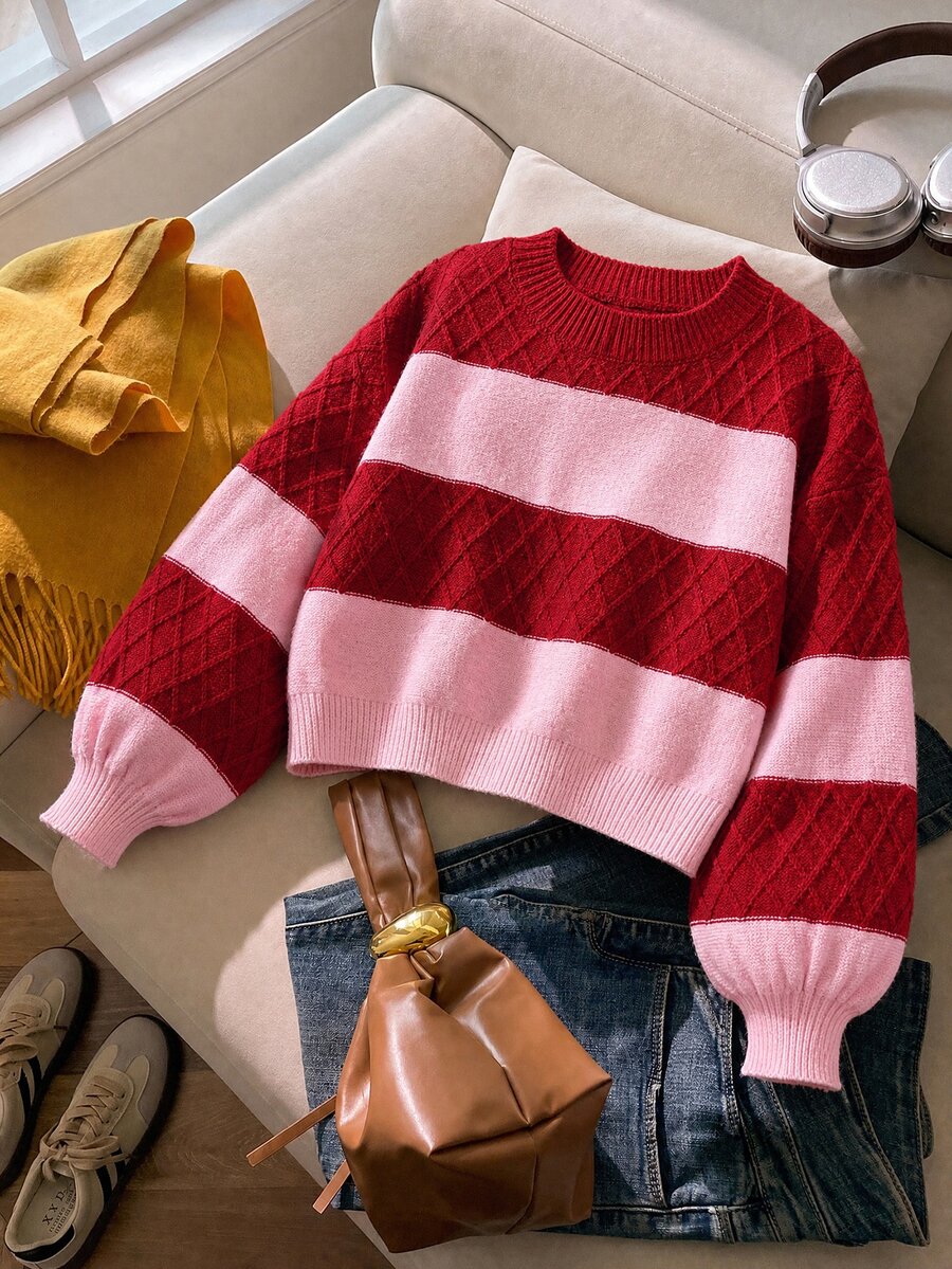 SHEIN Sweater Pullover Patchwork Blok Warna Kasual Musim Gugur/Dingin untuk Anak Perempuan Remaja