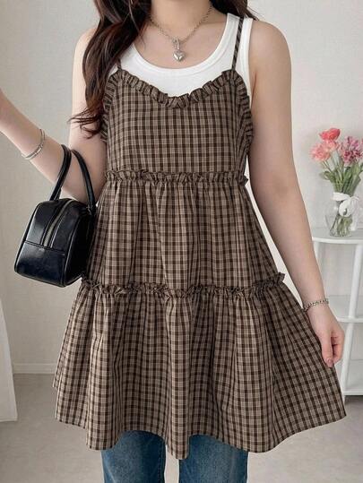Dazy Plus Korean Style Plaid Camisole With Bow Tie Straps, A-Line Multi-Layered Ruffle Spliced Layering Casual Tank Top, Autumn