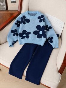 SHEIN Fall Clothes Winter Tween Girls Sweet Long Sleeve Jacquard Floral Sweater & Skirt Set, Back To School, Cozy Soft, Festival Outfits Christmas Pullover - Navy Blue - View 2