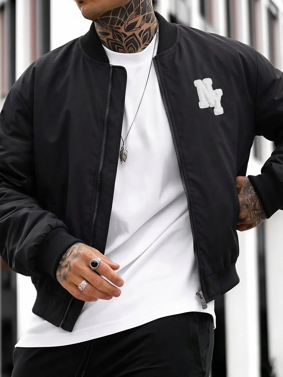 Manfinity Homme Men Letter Patched Zip Up Bomber Jacket - Black - View 1