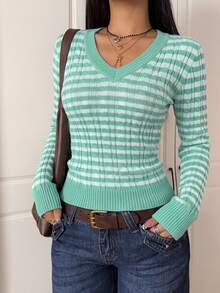 CovetEZ Women's Long Sleeve Striped Colorblock Cable Knit Sweater For Daily Commute And Outings - Multicolor - View 4