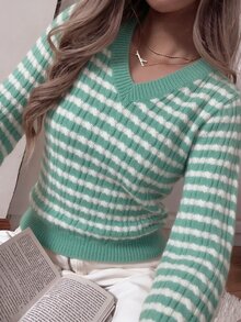 CovetEZ Women's Long Sleeve Striped Colorblock Cable Knit Sweater For Daily Commute And Outings - Multicolor - View 5