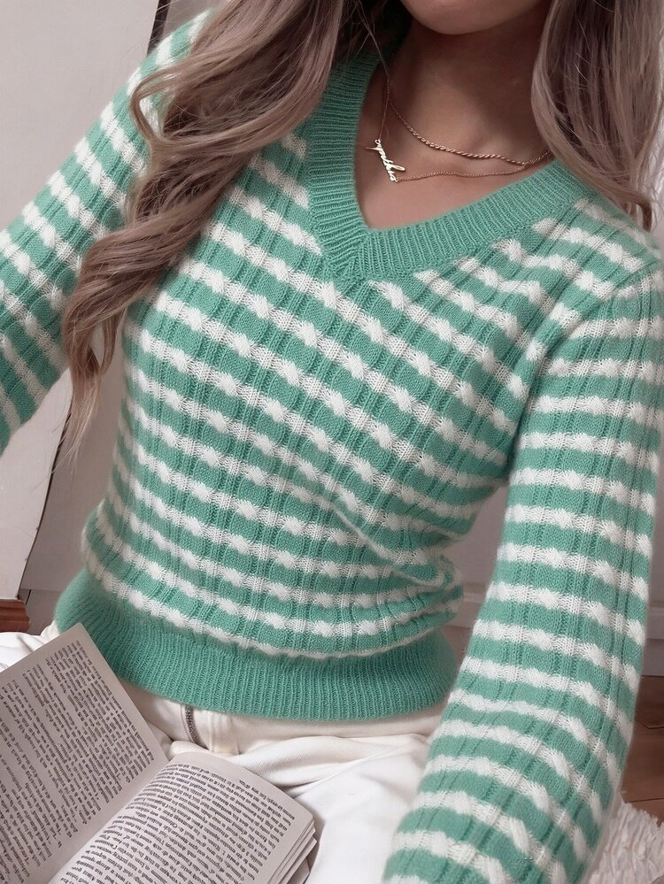 CovetEZ Women's Long Sleeve Striped Colorblock Cable Knit Sweater For Daily Commute And Outings - Multicolor - View 5