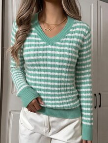 CovetEZ Women's Long Sleeve Striped Colorblock Cable Knit Sweater For Daily Commute And Outings - Multicolor - View 3