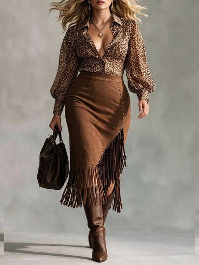Ceyna Plus Size Women's Autumn/Winter Vintage Tassel Asymmetrical Hem Fashion High Waist Straight Skirt, Rivet Design Skirt, Suitable For Party Vintage Outfit, Suitable For Western Outfit, Versatile Skirt For Late Autumn