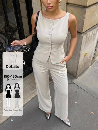Sinnesro Women's Dark Grey Summer Elegant Casual Office Business Suit, Solid Round Neck Single-Breasted Vest And Pants Two Pieces Outfits, Teachers' Day Fall