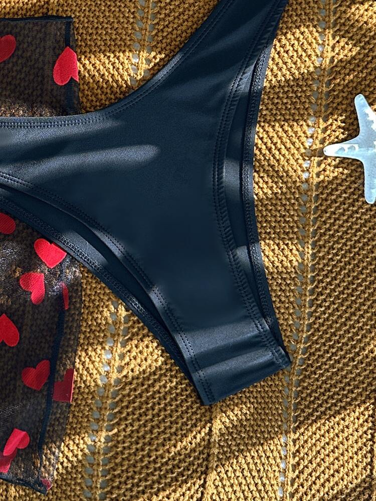 SHEIN Swim Summer Beach Heart Print Underwire Bikini Set With Beach Skirt - Black - View 6