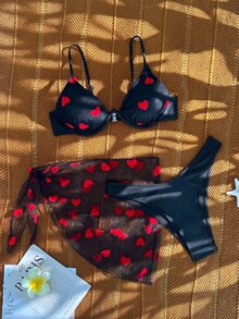 SHEIN Swim Summer Beach Heart Print Underwire Bikini Set With Beach Skirt - Black - View 3