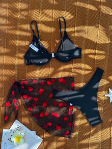 SHEIN Swim Summer Beach Heart Print Underwire Bikini Set With Beach Skirt - Black - View 2