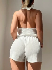 SHEIN Swim 夏季纯色裹身交叉上衣搭配抽绳短裤，夏季罩衫套装 - 白色 - 查看 2