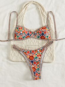 SHEIN Swim 夏季新款跨境歐美風甜美女孩熱帶撞色細肩帶可正反穿兩件式比基尼套裝，綁帶三角上衣搭配高衩比基尼褲，聚攏性感女款泳衣，適用溫泉、海灘、度假、生日派對、節日、約會 - 彩色 - 查看 4