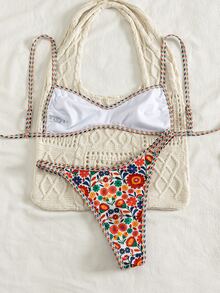 SHEIN Swim 夏季新款跨境歐美風甜美女孩熱帶撞色細肩帶可正反穿兩件式比基尼套裝，綁帶三角上衣搭配高衩比基尼褲，聚攏性感女款泳衣，適用溫泉、海灘、度假、生日派對、節日、約會 - 彩色 - 查看 2