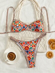 SHEIN Swim 夏季新款跨境歐美風甜美女孩熱帶撞色細肩帶可正反穿兩件式比基尼套裝，綁帶三角上衣搭配高衩比基尼褲，聚攏性感女款泳衣，適用溫泉、海灘、度假、生日派對、節日、約會 - 彩色 - 查看 3