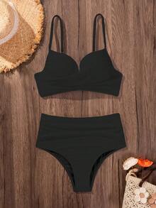 SHEIN Swim طقم ملابس سباحة نسائي بلون موحد مع ملابس علوية كاميسول مجعد وسروال بيكيني مثلث (بأسلوب سلكي) شاطئ أسود صيفي مثير - الأسود - مشاهدة 4