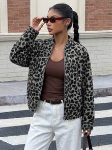 Livesso Women's Leopard Print Long Sleeve Zip-Up Loose Jacket - Grey - View 5