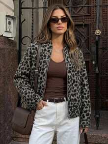 Livesso Women's Leopard Print Long Sleeve Zip-Up Loose Jacket - Grey - View 1