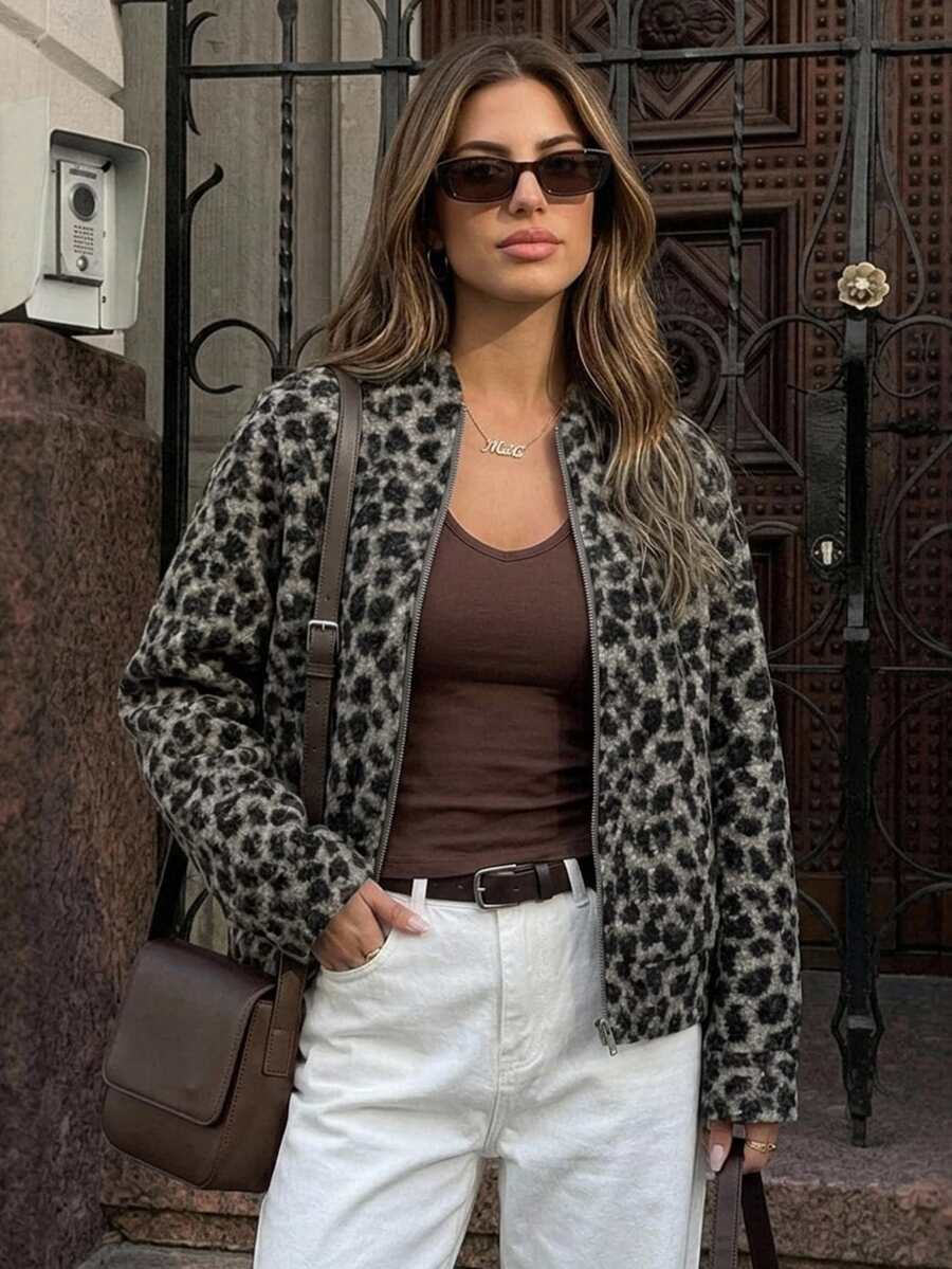 Livesso Women's Leopard Print Long Sleeve Zip-Up Loose Jacket - Grey - View 1