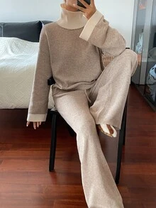 Livesso Women's 2 Pieces Set: Beige Round Neck Long Sleeve Knit Sweater And High-Waist Slim Fit Ribbed Knit Pants, Fall/ Lounge Minimalist Casual - Apricot - View 1
