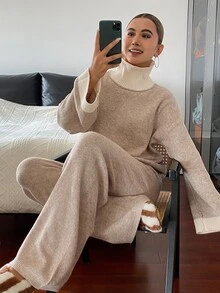 Livesso Women's 2 Pieces Set: Beige Round Neck Long Sleeve Knit Sweater And High-Waist Slim Fit Ribbed Knit Pants, Fall/ Lounge Minimalist Casual - Apricot - View 4