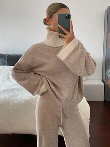 Livesso Women's 2 Pieces Set: Beige Round Neck Long Sleeve Knit Sweater And High-Waist Slim Fit Ribbed Knit Pants, Fall/ Lounge Minimalist Casual - Apricot - View 5