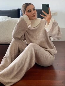 Livesso Women's 2 Pieces Set: Beige Round Neck Long Sleeve Knit Sweater And High-Waist Slim Fit Ribbed Knit Pants, Fall/ Lounge Minimalist Casual - Apricot - View 6