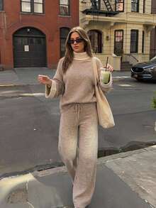 Livesso Women's 2 Pieces Set: Beige Round Neck Long Sleeve Knit Sweater And High-Waist Slim Fit Ribbed Knit Pants, Fall/ Lounge Minimalist Casual - Apricot - View 8