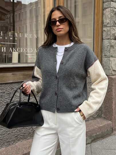 Livesso Women's Contrast Color Drop Shoulder Long Sleeve Single-Breasted Knit Cardigan