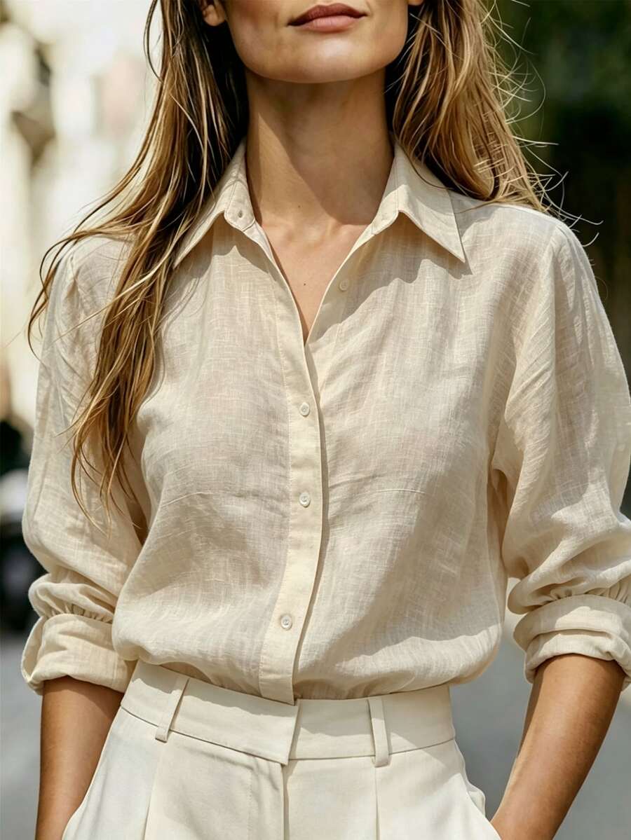SHEIN Women's Solid Color Single-Breasted Casual Versatile Daily Wear Shirt - Khaki - View 1
