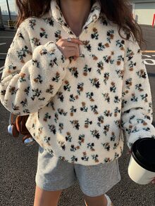 Strévra Women's Beige Hooded Drawstring Long Sleeve Loose Solid Color Front Pocket Casual Pullover Sweatshirt, Autumn/Winter - Beige - View 6