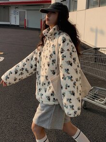 Strévra Women's Beige Hooded Drawstring Long Sleeve Loose Solid Color Front Pocket Casual Pullover Sweatshirt, Autumn/Winter - Beige - View 5