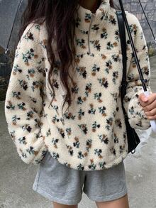 Strévra Women's Beige Hooded Drawstring Long Sleeve Loose Solid Color Front Pocket Casual Pullover Sweatshirt, Autumn/Winter - Beige - View 4