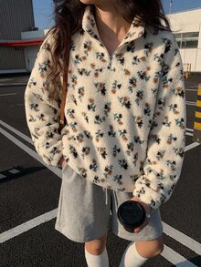 Strévra Women's Beige Hooded Drawstring Long Sleeve Loose Solid Color Front Pocket Casual Pullover Sweatshirt, Autumn/Winter - Beige - View 7