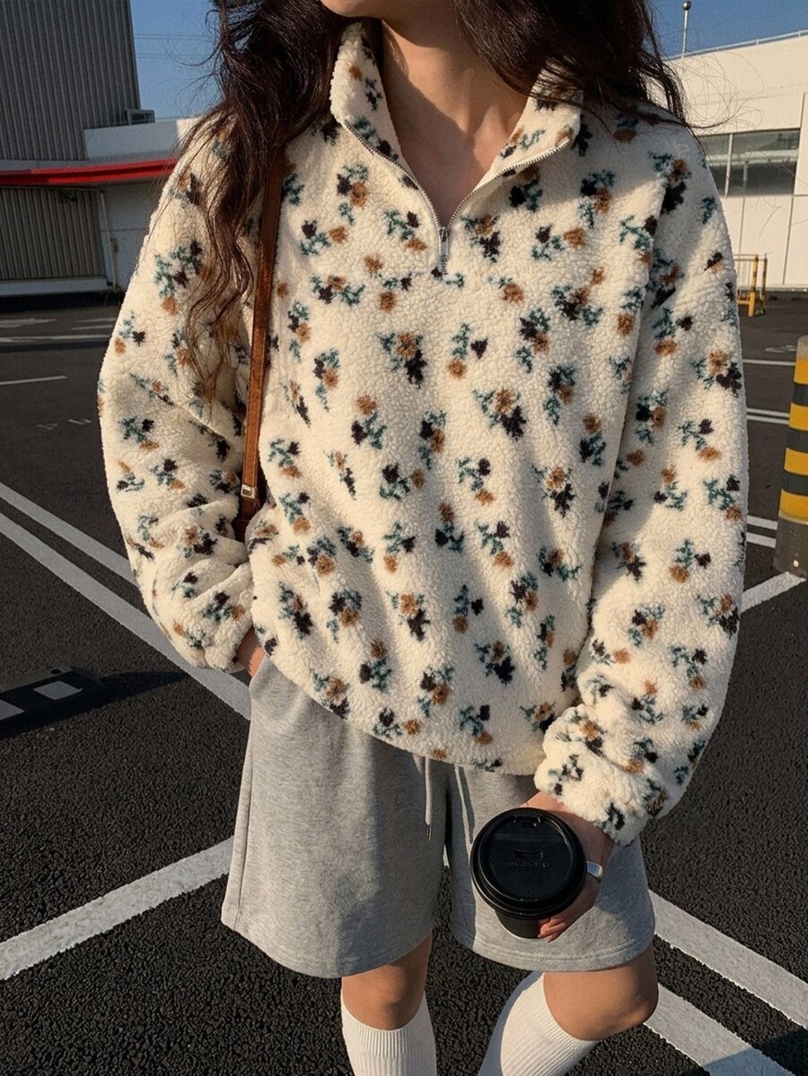 Strévra Sweatshirt Wanita Warna Krem dengan Tudung dan Tali Serut, Lengan Panjang, Longgar, Warna Polos, Saku Depan, Kasual, Musim Gugur/Dingin - Krem - View 1