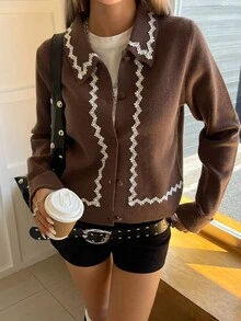 Livesso Women's Autumn/Winter Casual Embroidered Patchwork Cardigan - Coffee Brown - View 3